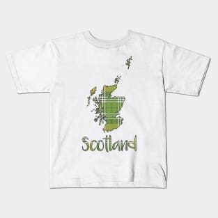 Scotland Green and Yellow Tartan Map Typography Design Kids T-Shirt